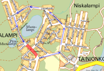 Karttakuvassa punaisella merkitty alue Paperharjuntiestä suljetaan liikenteeltä 5.6.2023. Siniset nuolet kertovat kiertoreitin.