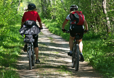kaksi ihmistä pyöräilee metsätiellä