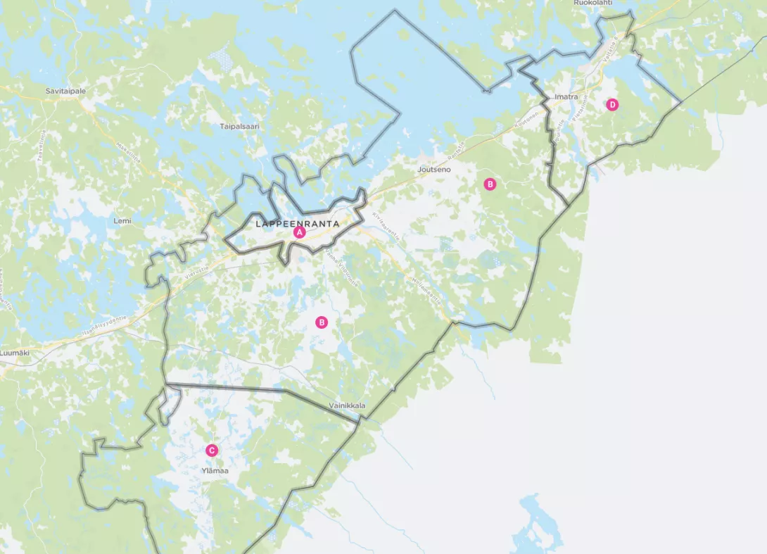 Karttakuvassa Lappeenrannan seudun ja Imatran joukkoliikenteen vyöhykerajat 7.8.2024