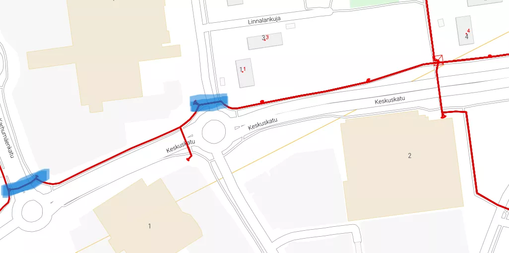 Kartta Mansikkalasta, johon on merkitty punaisella rakennettava valokuituverkko ja sinisellä katujen poikitukset.