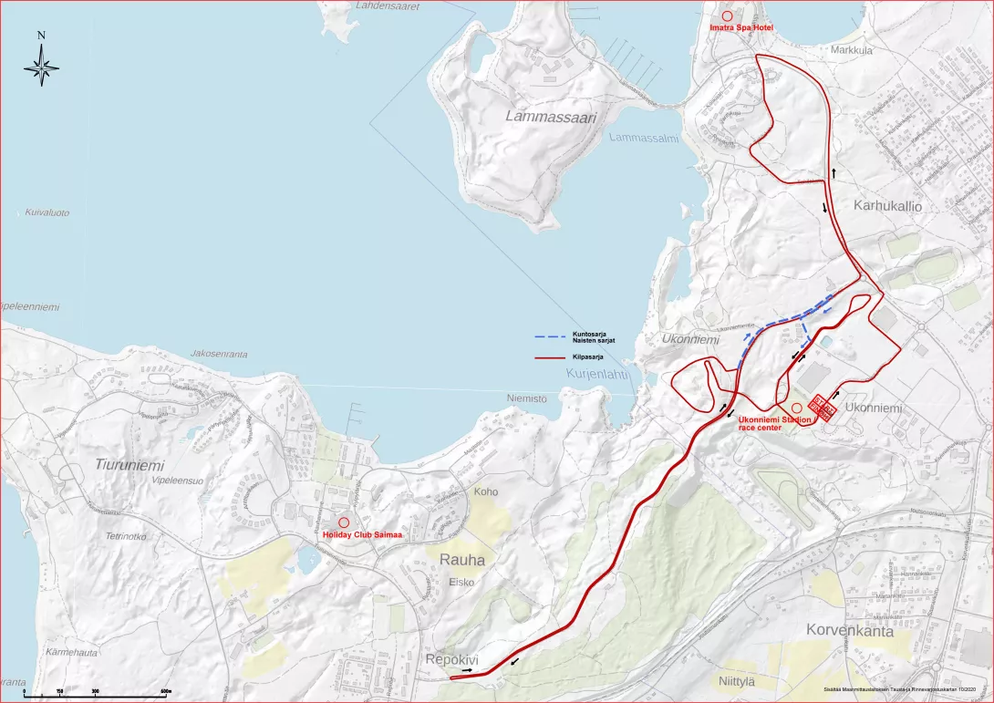 Lake Saimaa Roller Ski Marathonin reittikartta 2024. Reitti kulkee Rauha-Ukonniemi-alueella.